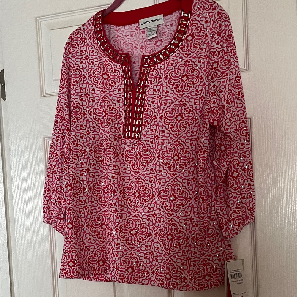 Cathy Daniels Red and White Patterned Tunic